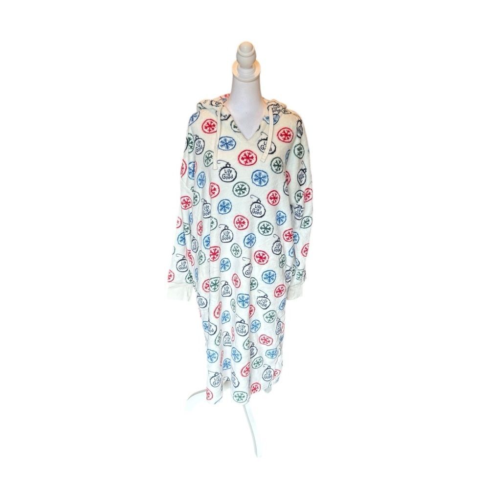 Life Is Good Plush Hooded Nightgown Dress With Pockets Christmas Womens Medium